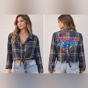 Upcycled cropped flannel with paw print heart on back.